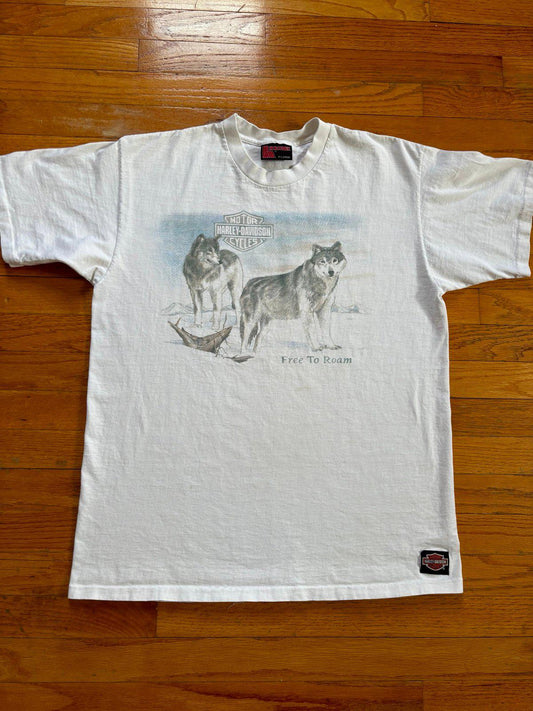 Vintage 90s Harley Davidson Motorcycle Free To Roam Wolf Nature T-Shirt